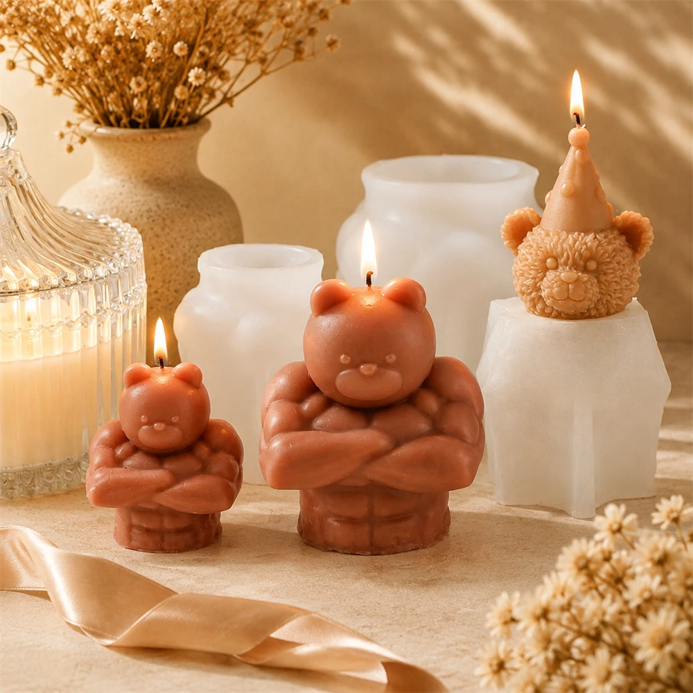 Muscle Bear & Xmas Teddy Bear Candle Mold Cute Strong Bear Silicone Molds for DIY Scented Candles Wax Crafts Home Decor Gifts