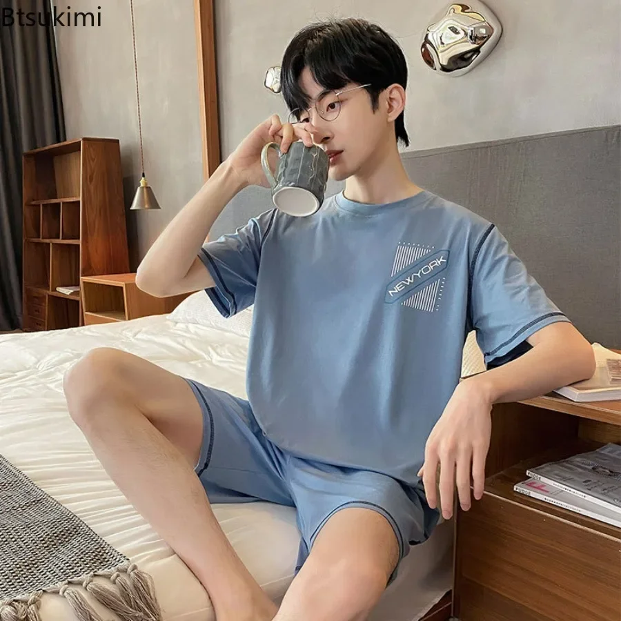 2024 Men\'s Soft Breathable Modal Sleepwear Sets Summer Short Sleeve Pajamas Thin Pajama Sets Korean Style Loose Cozy Pijama Men