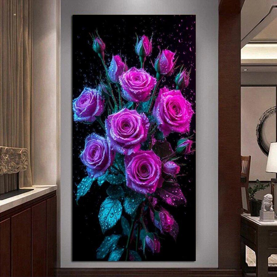 

Purple Rose Large Size Diy Diamond Painting Kits Jewelry Cross Stitch Fresh Flower Dew Full Drill Mosaic Embroidery Picture