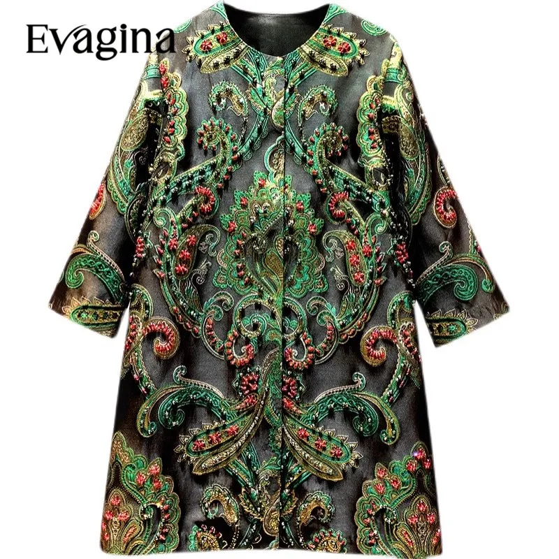 

Evagina Diamond Inlay Embroidered Nail Bead Jacquard Spring Autumn Women's Long Sleeved Holiday High End Coat