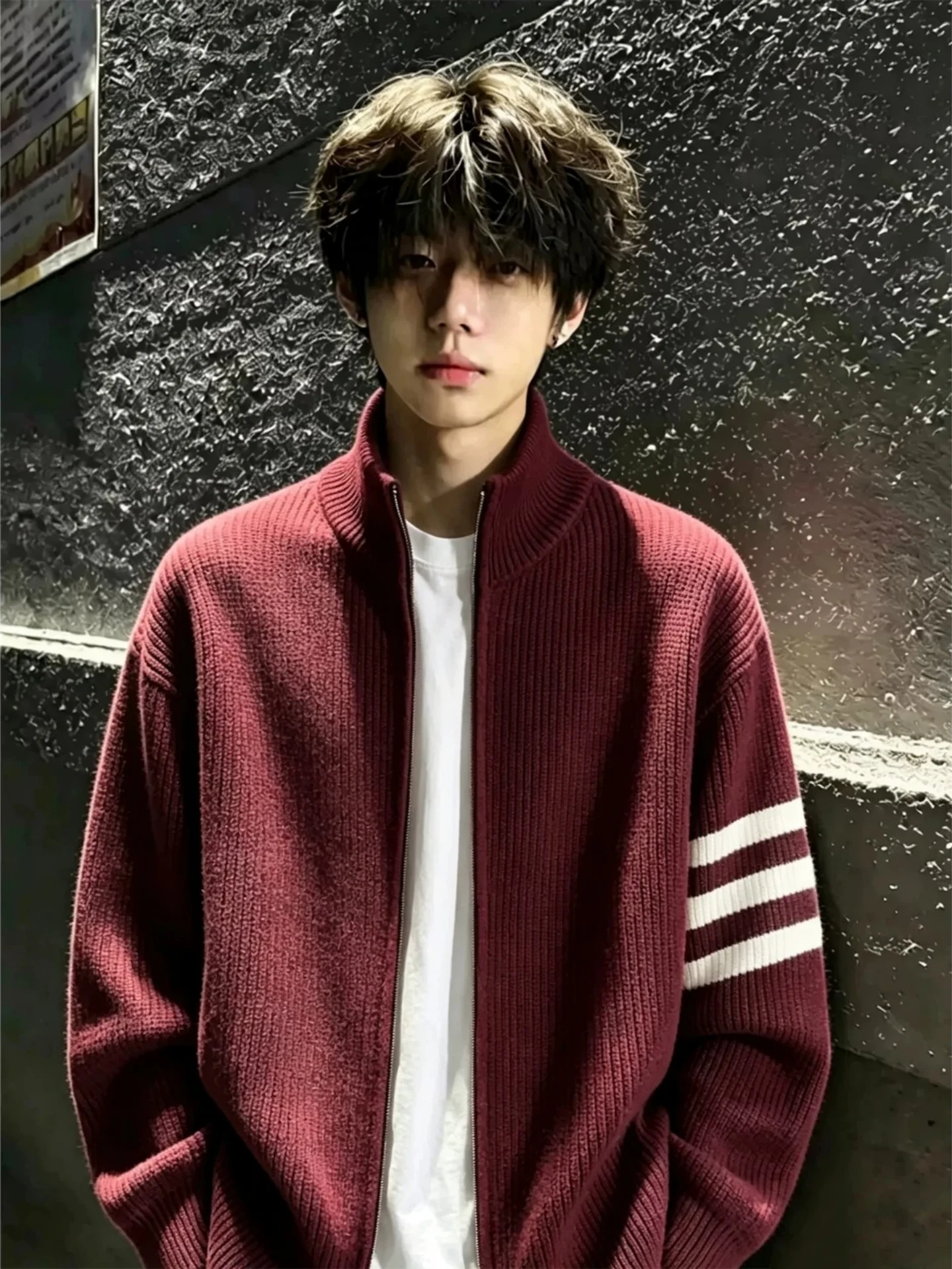 American College Style Loose Knitted Sweater Coat Three Bars Collar Open Cardigan Unisex Lazy Style Striped Grey Sweater Jacket