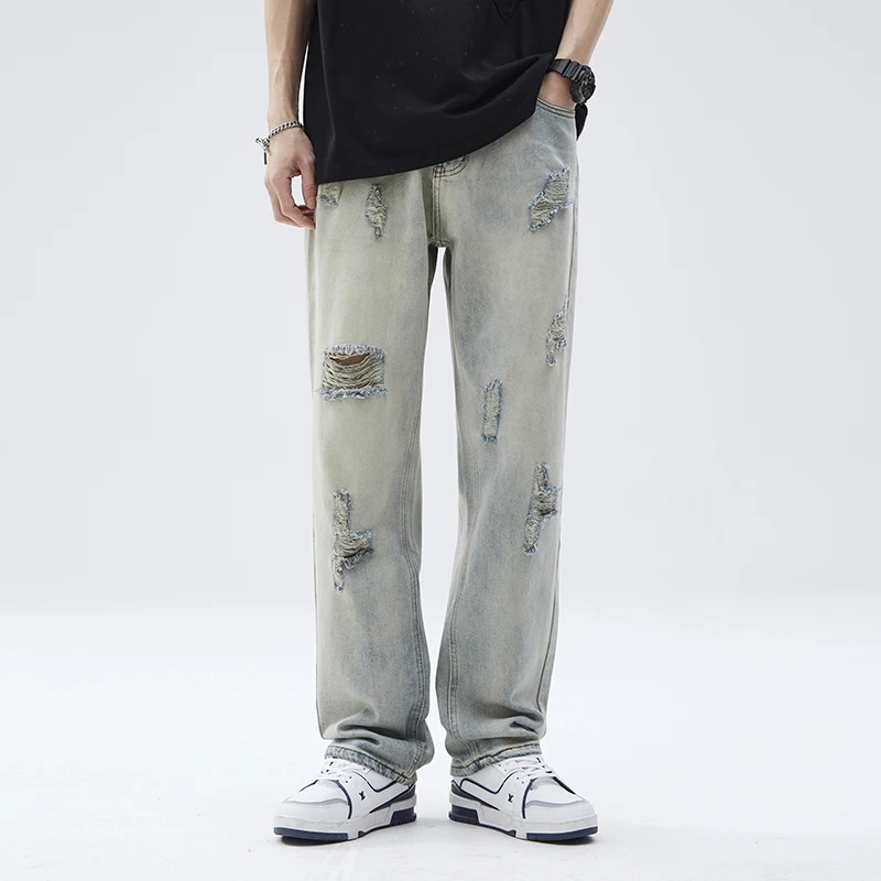 

Summer thin distressed scraped beggar jeans men's straight and loose pants streetwear men cargo pants ripped jean men