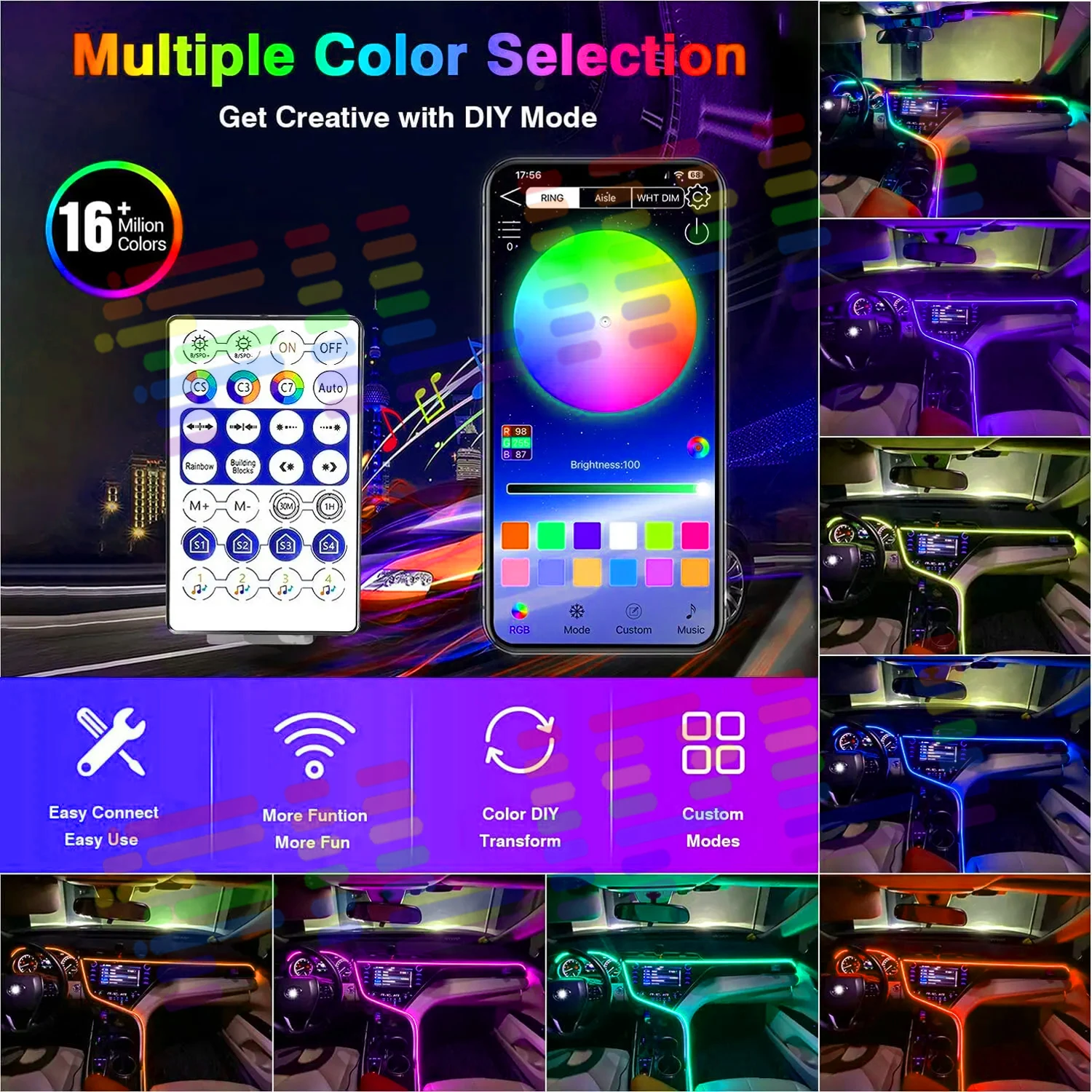 Vegetting 120 سنتيمتر أضواء السيارة المحيطة LED الداخلية RGB سيمفوني جو مصباح USB APP التحكم عن بعد