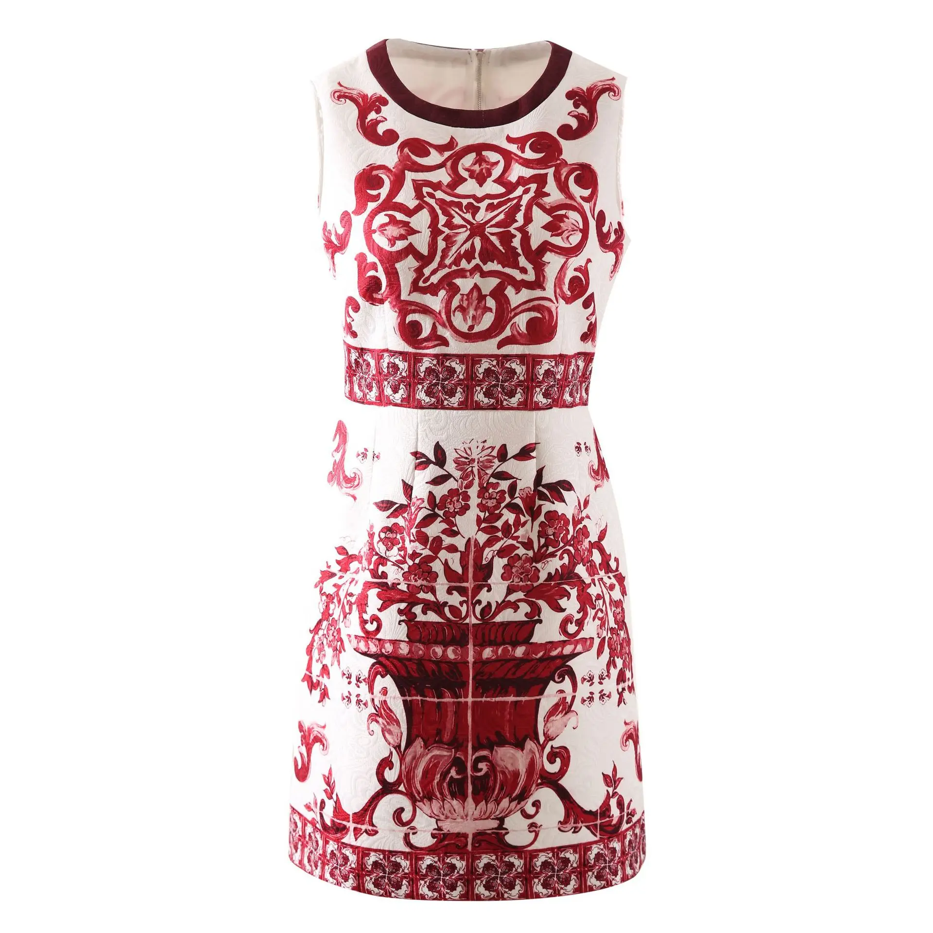 

New Premium Embroidered Cotton Floral Print Red Porcelain Vest A-Line Skirt Women's Faion Summer Thin Material Svel