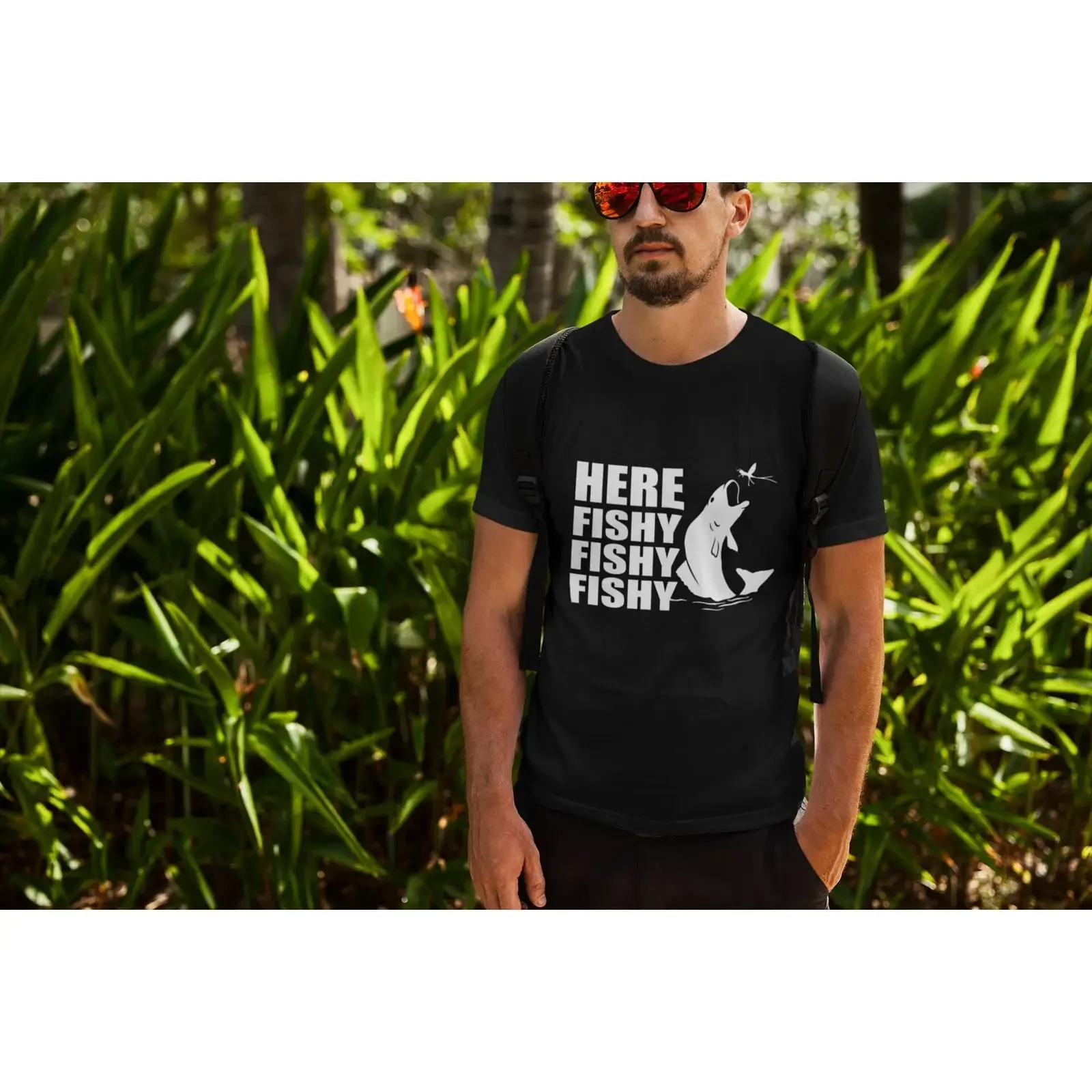 Here Fishy Fishing T Shirt Camping Outdoors vintage Washed Comfortable Versatile graphic Stylish Unisex Slightly homme Casual