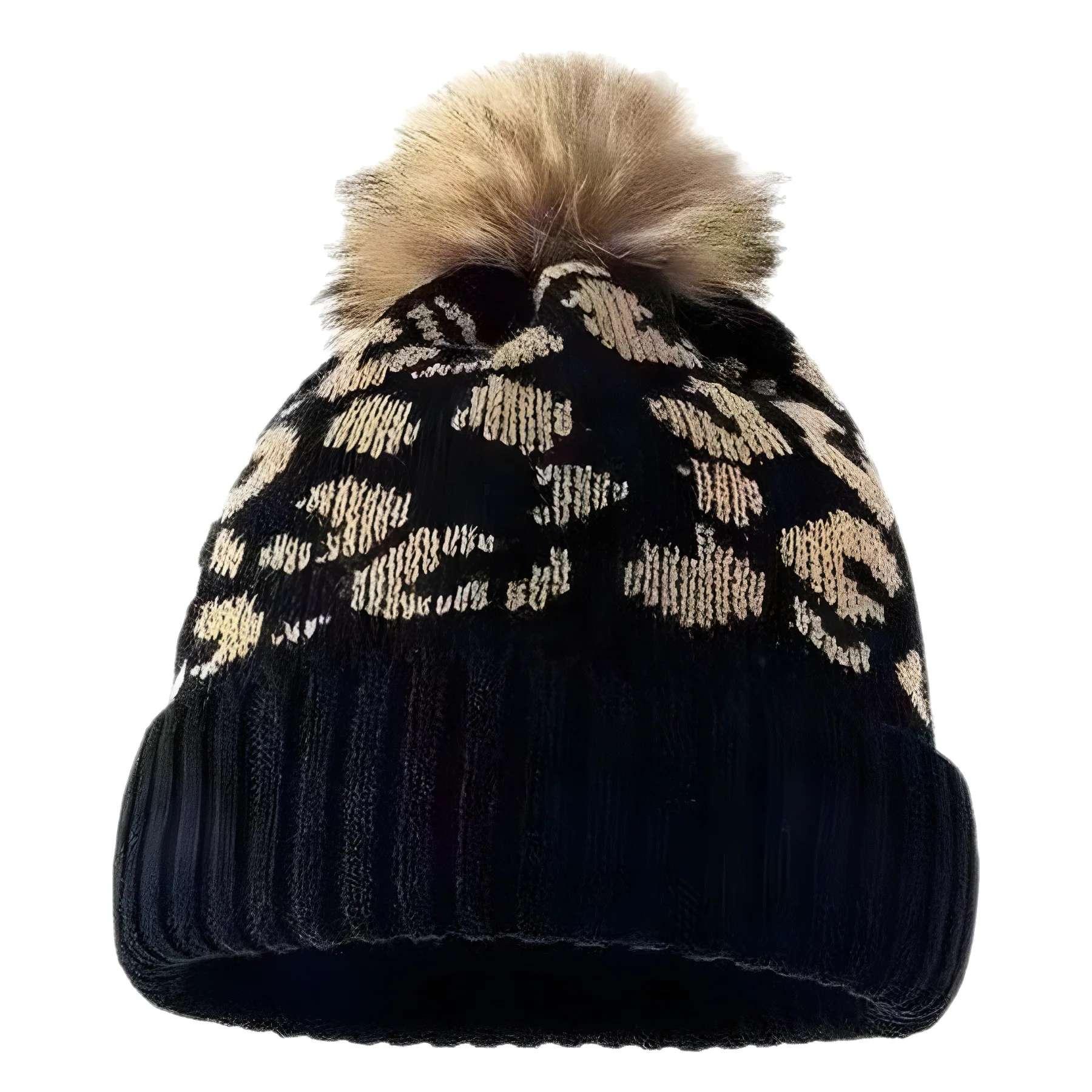 للجنسين الخريف الشتاء ليوبارد طباعة نمط شعري متماسكة قبعة القبعات الدافئة في الهواء الطلق مع ليوبارد طباعة توالت كرات الفراء قبعة صوفية