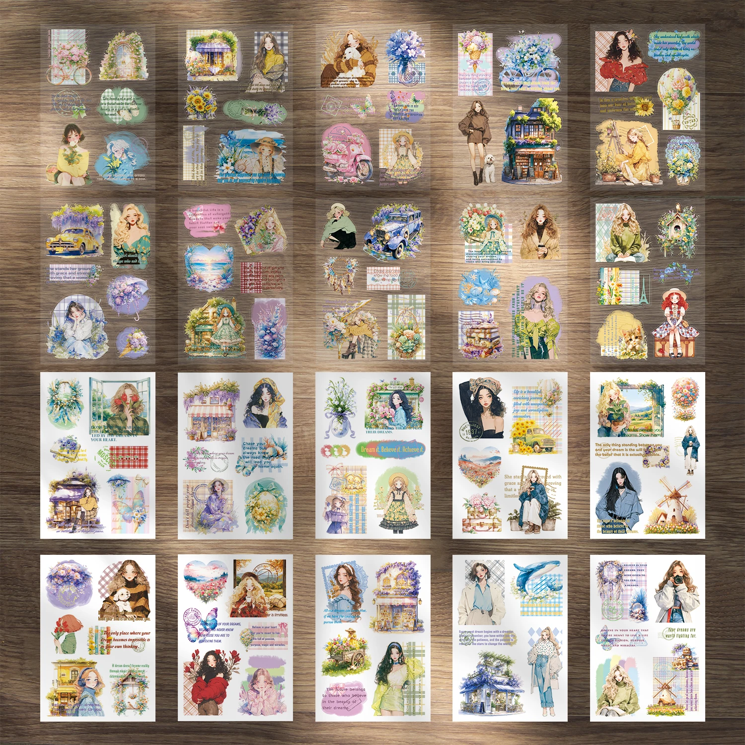 Scrapbook Stickers，20 Sheets Flower Stickers, Journaling Stickers Featuring Windmills, Stamps, Cars, for Journals, Planners, Col