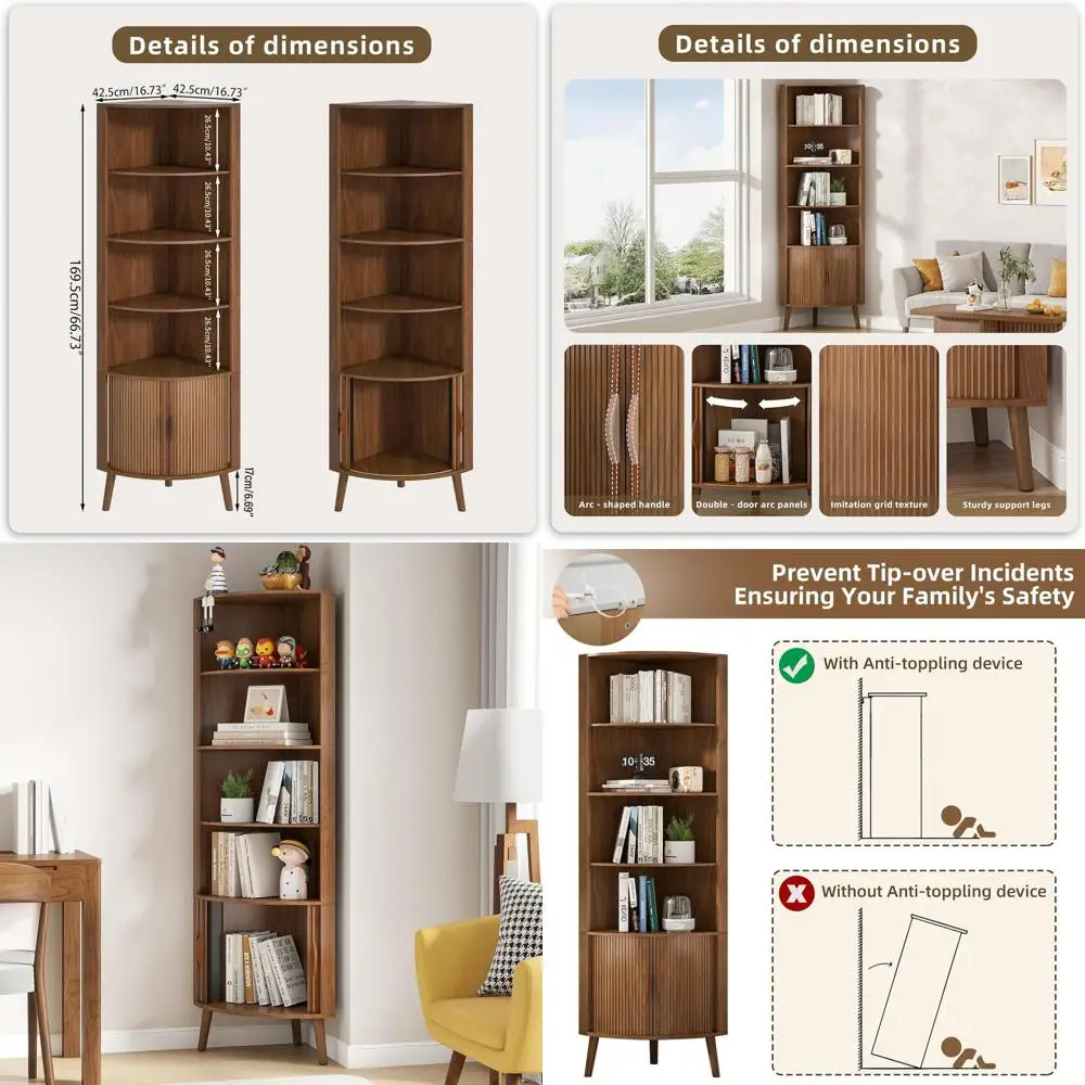 66.73 Walnut Tall Bathroom Storage Cabinet with 2 Doors and Shelves, Space-Saving for Home, Kitchen, Living & Study Rooms