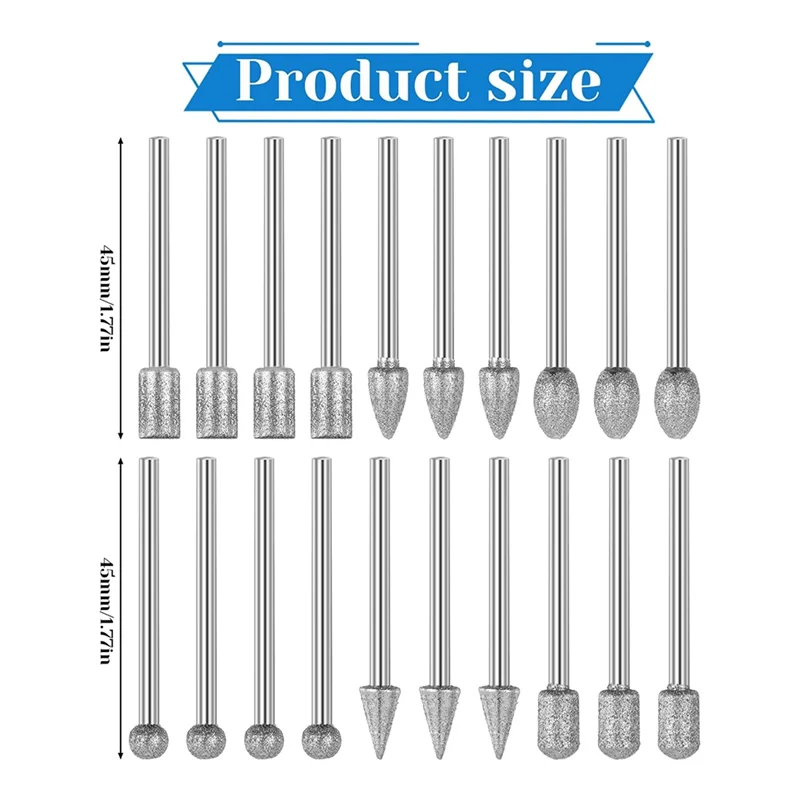 ABUH-Set Alat Ukir Batu 20 Buah Profesional, Mata Bor Berlian dengan Batang 1/8 "untuk Kaca, Ukiran Perhiasan