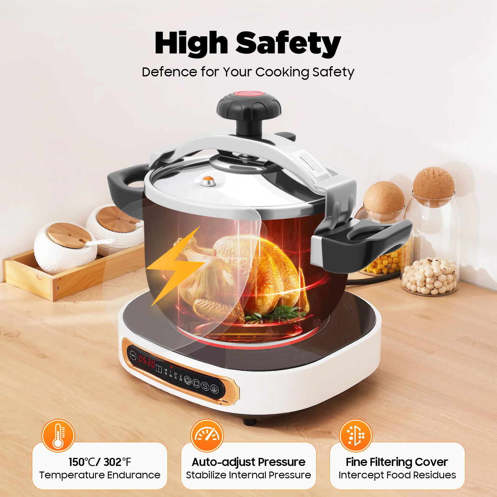 7.4 Qt 201 Stainless Steel Pressure Cooker,60KPa High Pressure & 3-Layer Base, Auto Safety Valve, Multi-Stove Compatible