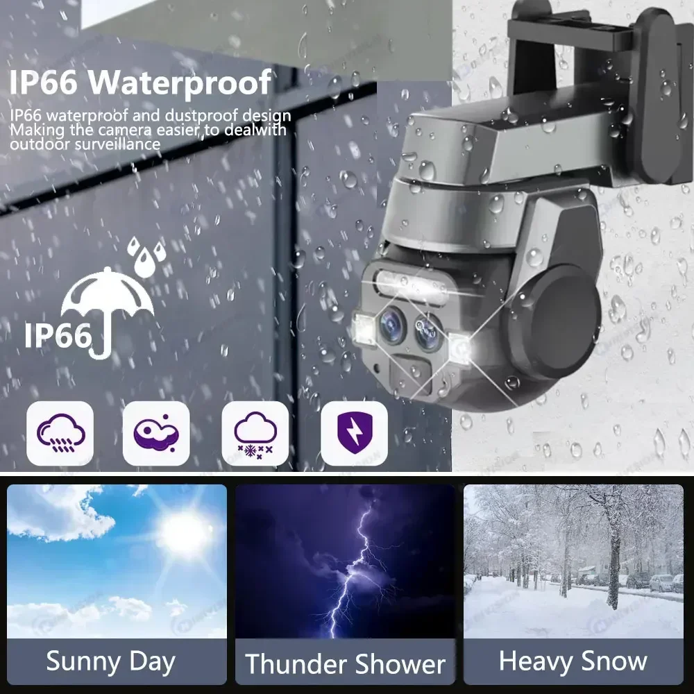 กล้องวงจรปิด 4K 8MP WiFi PTZ IP สำหรับภายนอกอาคาร เลนส์คู่ ซูม 10 เท่า เสียงสองทาง ติดตามอัตโนมัติ ป้องกันความปลอดภัย กล้องตรวจสอบ