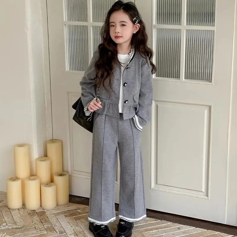 3 5 7 9Y Girls' Spring and Autumn Set New Kids Outfit Children's Bow Casual Coat+Pants Two Piece Set