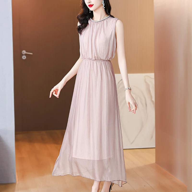 2024 Summer New Silk Sleeveless Dress Women\'s Satin Solid Color Paste Diamond Mulberry Silk Waist and Knee length Long Dress