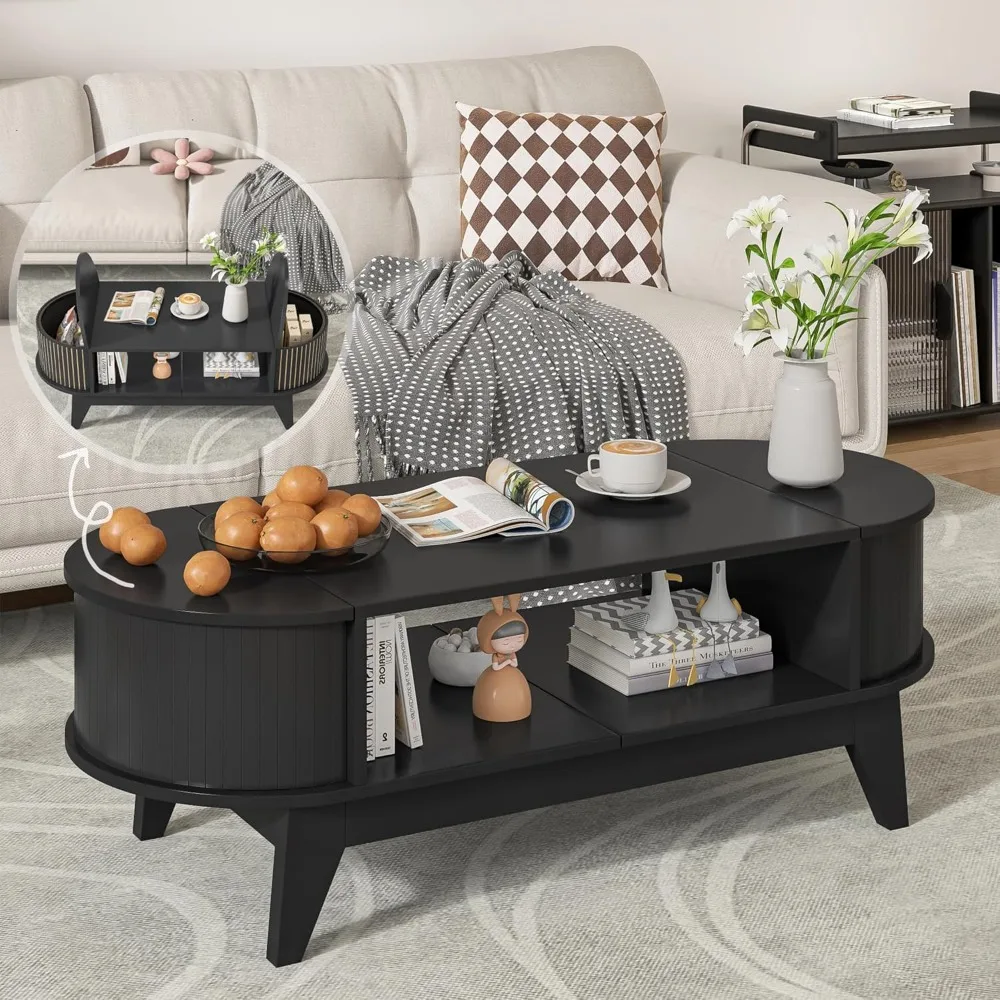 Mesa de centro con 2 almacenamientos ocultos, mesa de centro moderna de mediados de siglo con acabado estriado, mesas centrales de madera mesas de centro ovaladas con
