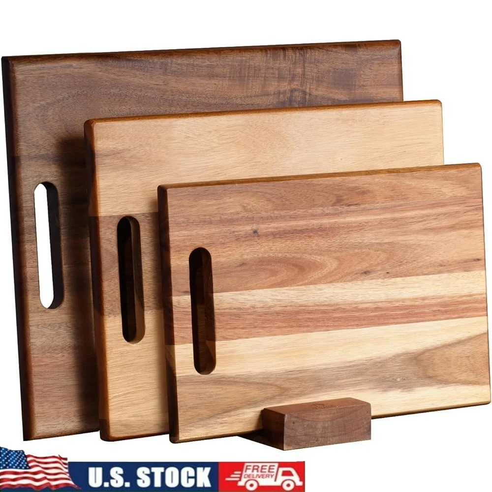 

Acacia Wood Cutting Board Set of 3 Large Thick Kitchen Chopping Board with Handle Non Slip Easy Clean Butcher Block