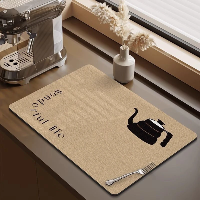 VIKAMA Kitchen Drain Mat Khaki Teapot Wonderful Life Print Non Slip Absorbent Washable Easy Clean Quick Dry Waterproof Durable