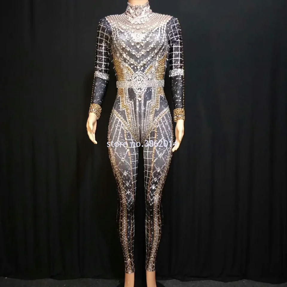 Sparkly Rhinestones Crystal Jumpsuit Women Long Sleeve Spandex Nightclub Bar Prom Party Outfit  Singer Jazz Dance Stage Costume