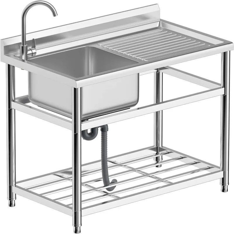 Free Standing Stainless Steel Sink,Commercial Kitchen Sink Drainboard and Faucet,43”Prep Sink Utility Sink Countertop Restaurant