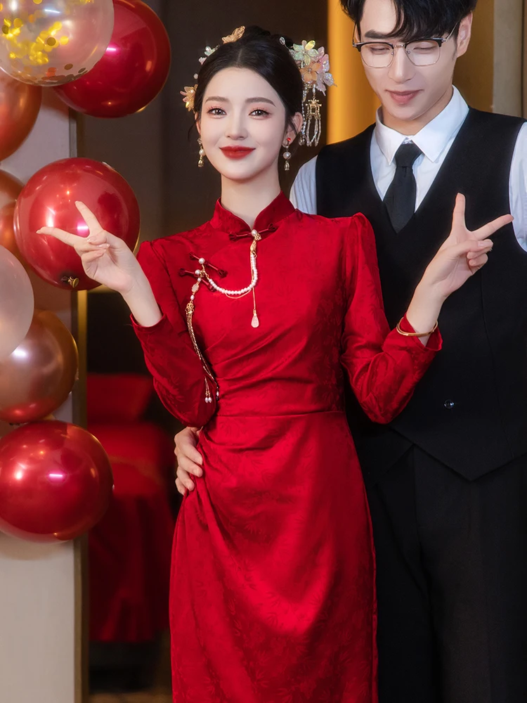

Red Long Sve New Chinese Sle Qipao Wedding Dr for Bride Cus Made Ceremony Dr Evening Gown Return Home Clothes