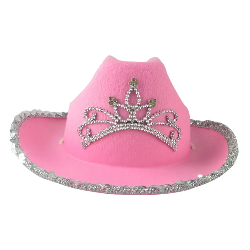 Cowboy Hat Sequin Pink Princess with Tiara Feathers Preppy Room Decor for Women Teens Party Celebration