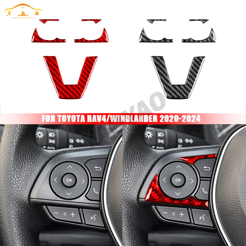 Car Sticker Auto Steering Wheel Button Decor Cover Frame Trim Accessories Interior For Toyota Rav4 2020-2024 Soft Carbon Fiber