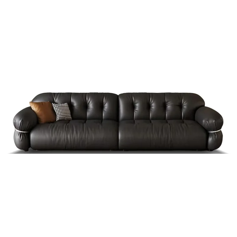 

French retro sofa, black leather sofa, high-end living room cloud steel ring sofa
