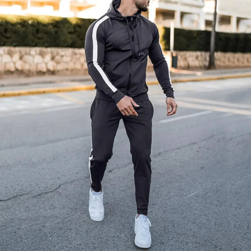 2Pcs/Set Drawstring Long Sleeve Multi Pockets Zipper Placket Hoodie Pants Set Men Autumn Striped Patchwork Slim Tracksuit Outfit