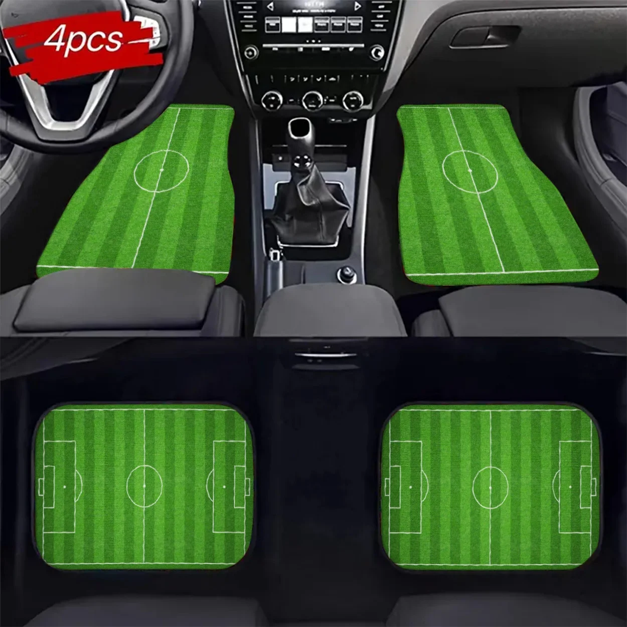 4pcs Set Of Universal Car Floor Mats, Green Background With Field Pattern, Sports Style Digital Print Car Floor Mats, Fashionabl