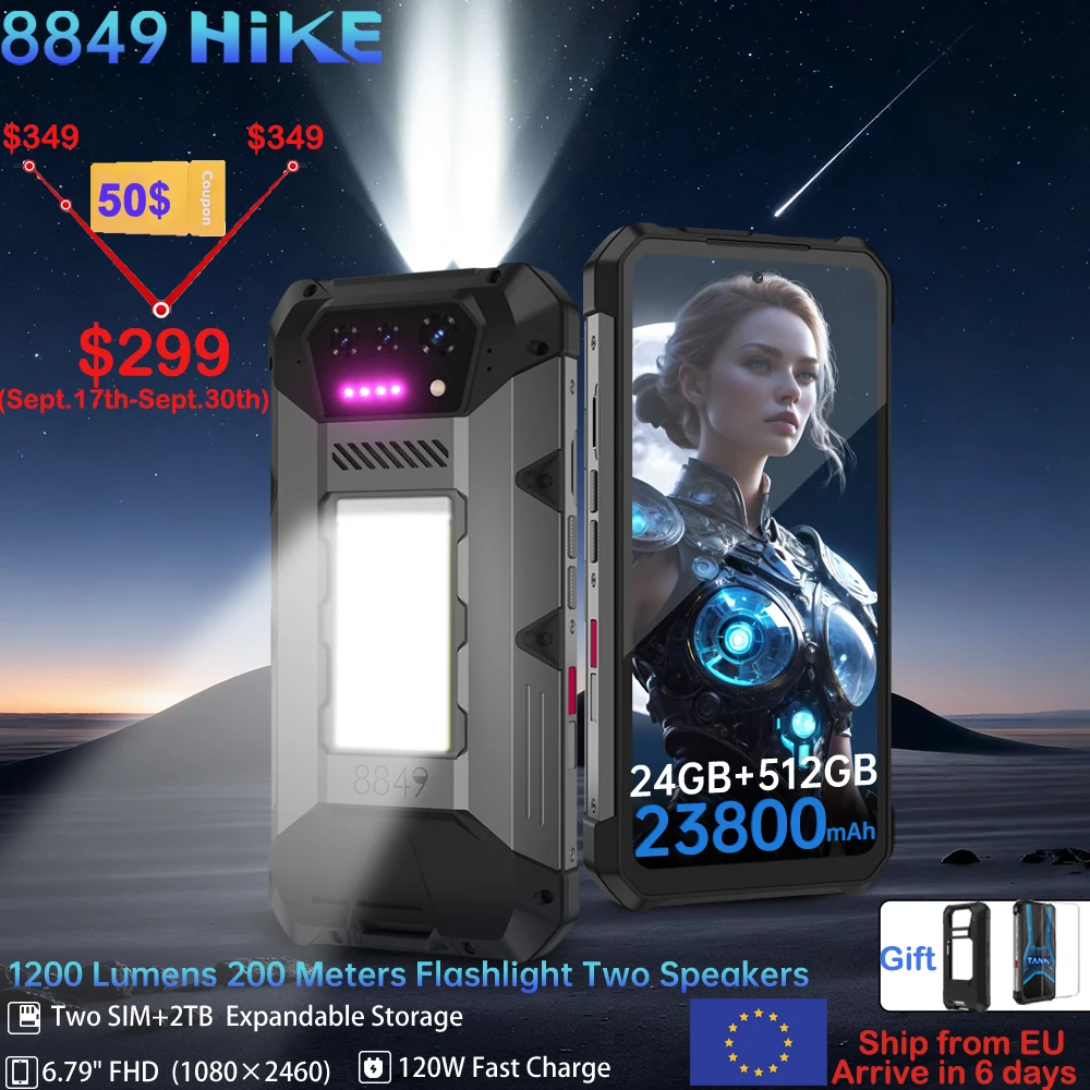 8849 Hike Unihertz Rugged Smartphone 23800mAh 24GB+512GB Expandable 2TB 1200Lumen Flashlight Android14 Two Speakers 6.79'' 120Hz