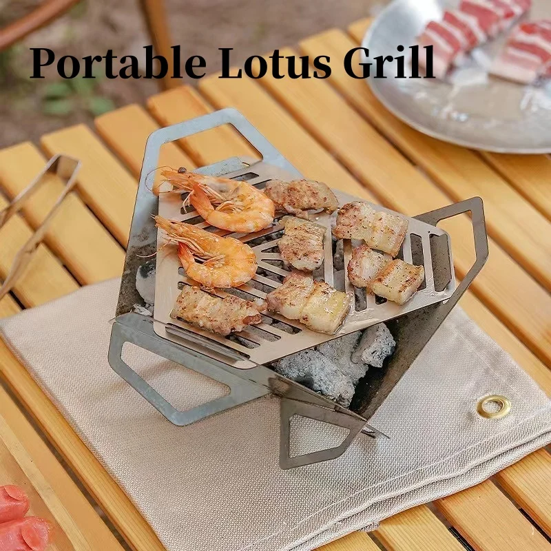 Outdoor Triangle Lotus Grill Household Stainless Steel Card Stove Camping Portable Removable Multi Mini Grill With Storage Bag