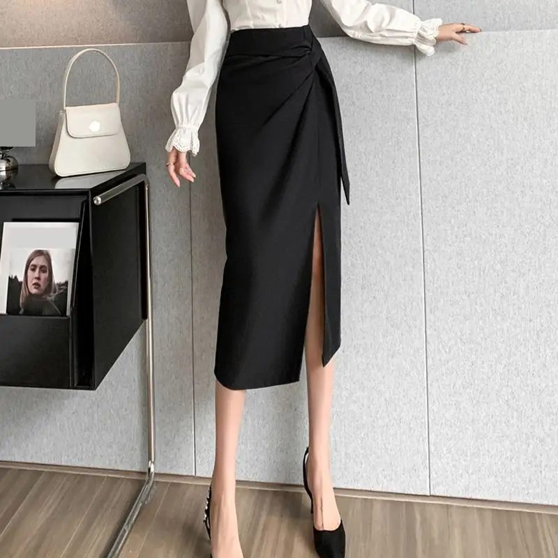 

Женская одежда, весенне-осенняя модная однотонная женская однотонная юбка трапециевидной формы с завязками и разрезом, тонкая юбка трапециевидной формы с высокой талией