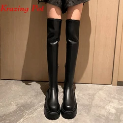 Krazing Pot Cow Leather Round Toe Med Heels Winter Keep Warm Stretch Boots Platform Non-slip Black Color Ins Over-the-knee Boots