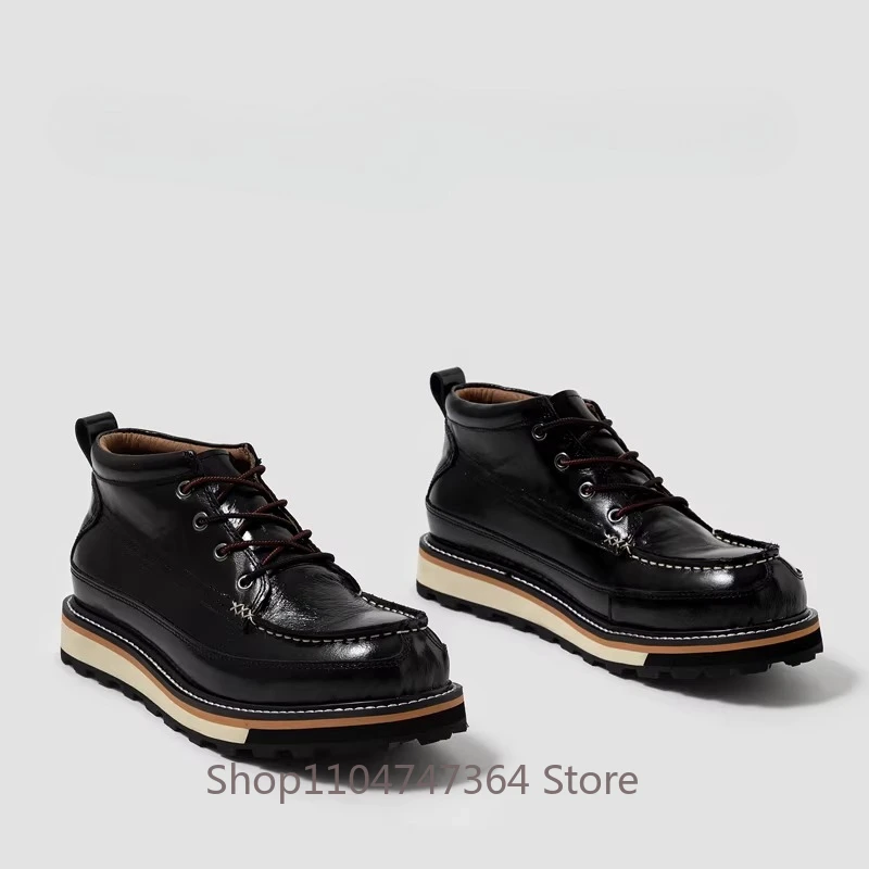 Luxury Cowhide High End Casual Thick Sole Shoes Men's Genuine Leather Boots Youth Handmade Work Business Platform Boots Male