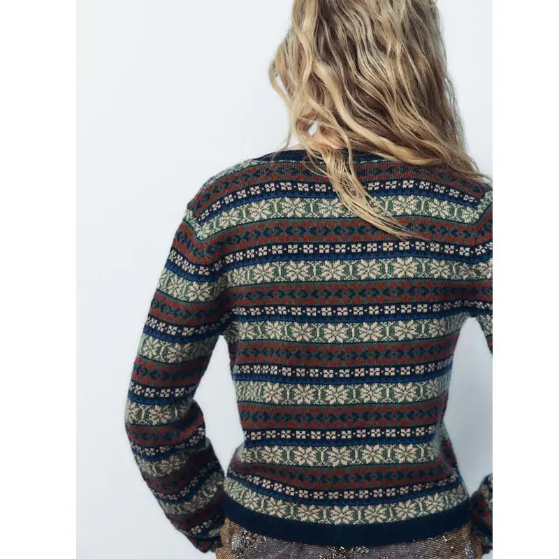 

Autumn Winter New Arrival Women's Loose Long Sve round Ne Knitted Jaet Color Blo Floral Embroidery Sweet Sle Polye...
