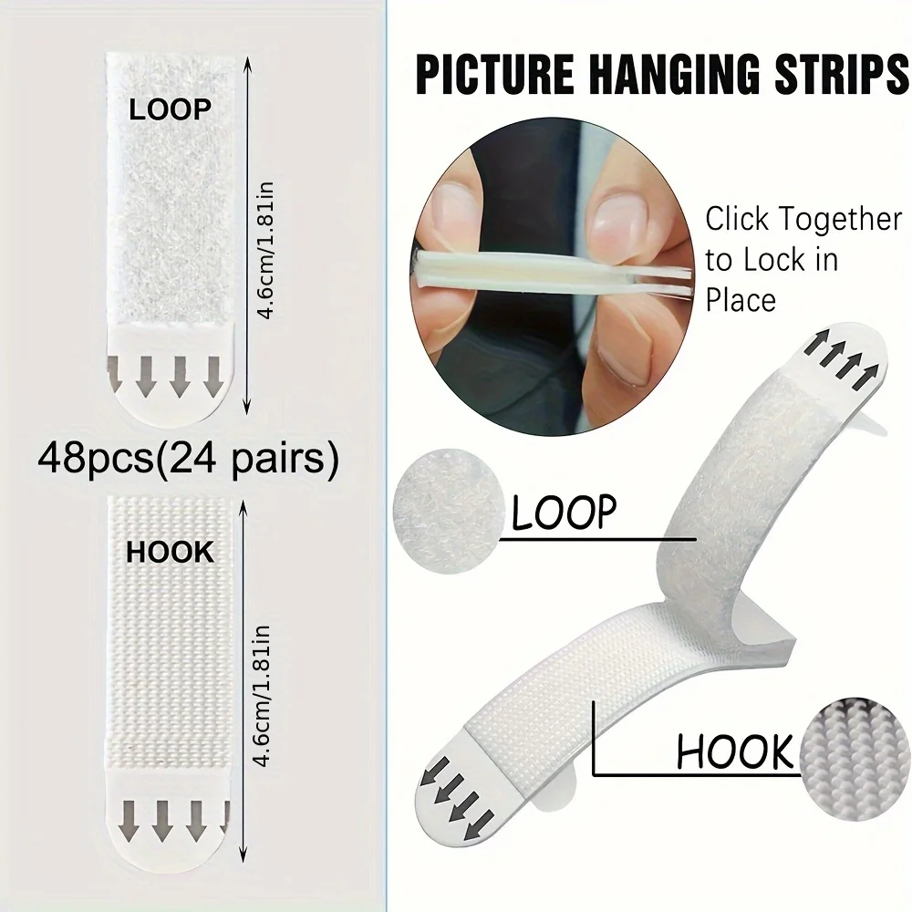 24/48Pairs Picture Hanging Strips Frame Heavy Duty Adhesive Hook and Loop Mounting Tapes Damage Free No Nails Picture Hanger