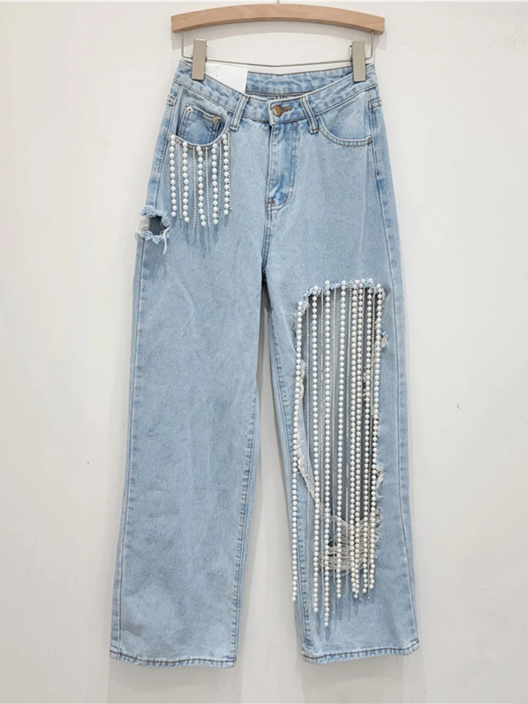 DEAT Vintage Fashion Women's Hole Spliced Pearl Chain Straight Jeans 2024 Summer Trendy High Waist Denim Pants Female 33A1515