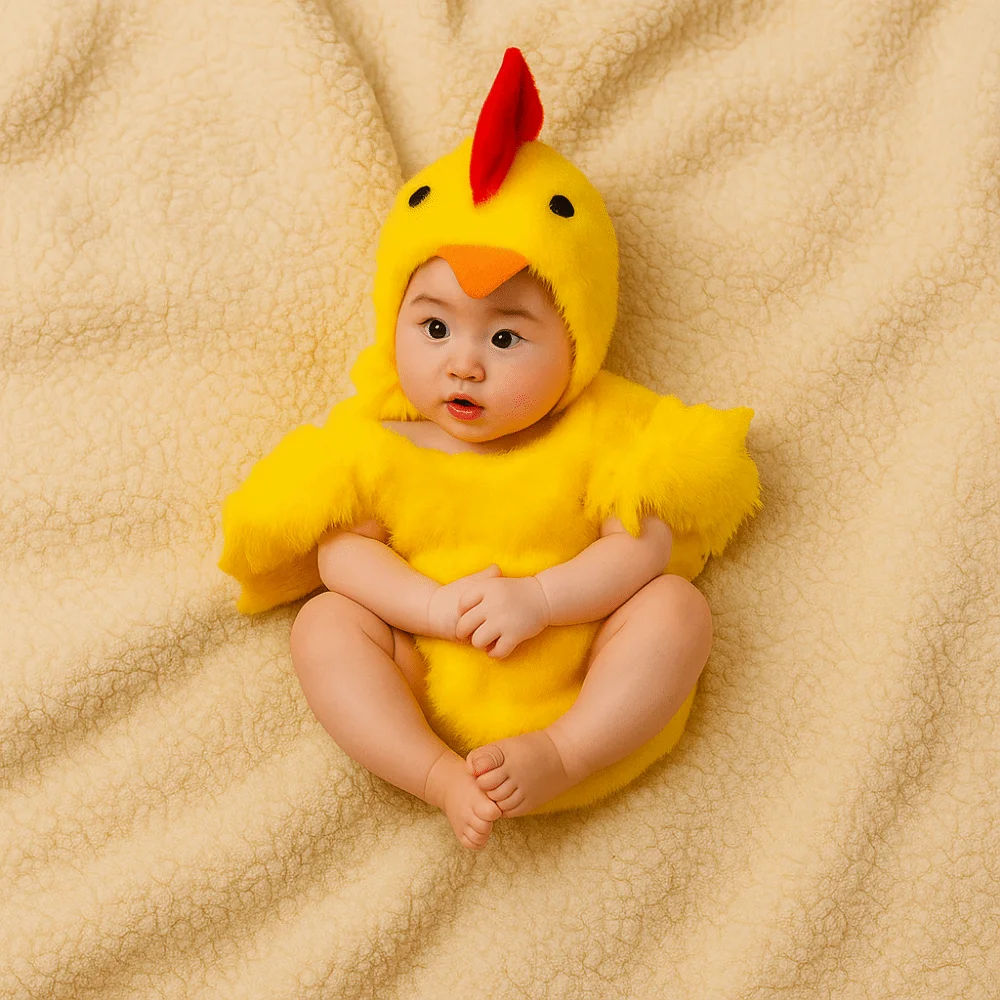 Creatieve kip baby fotografie pak bodysuit hoed set harige romper baby studio shoot outfits schattig ontwerp unisex dieren