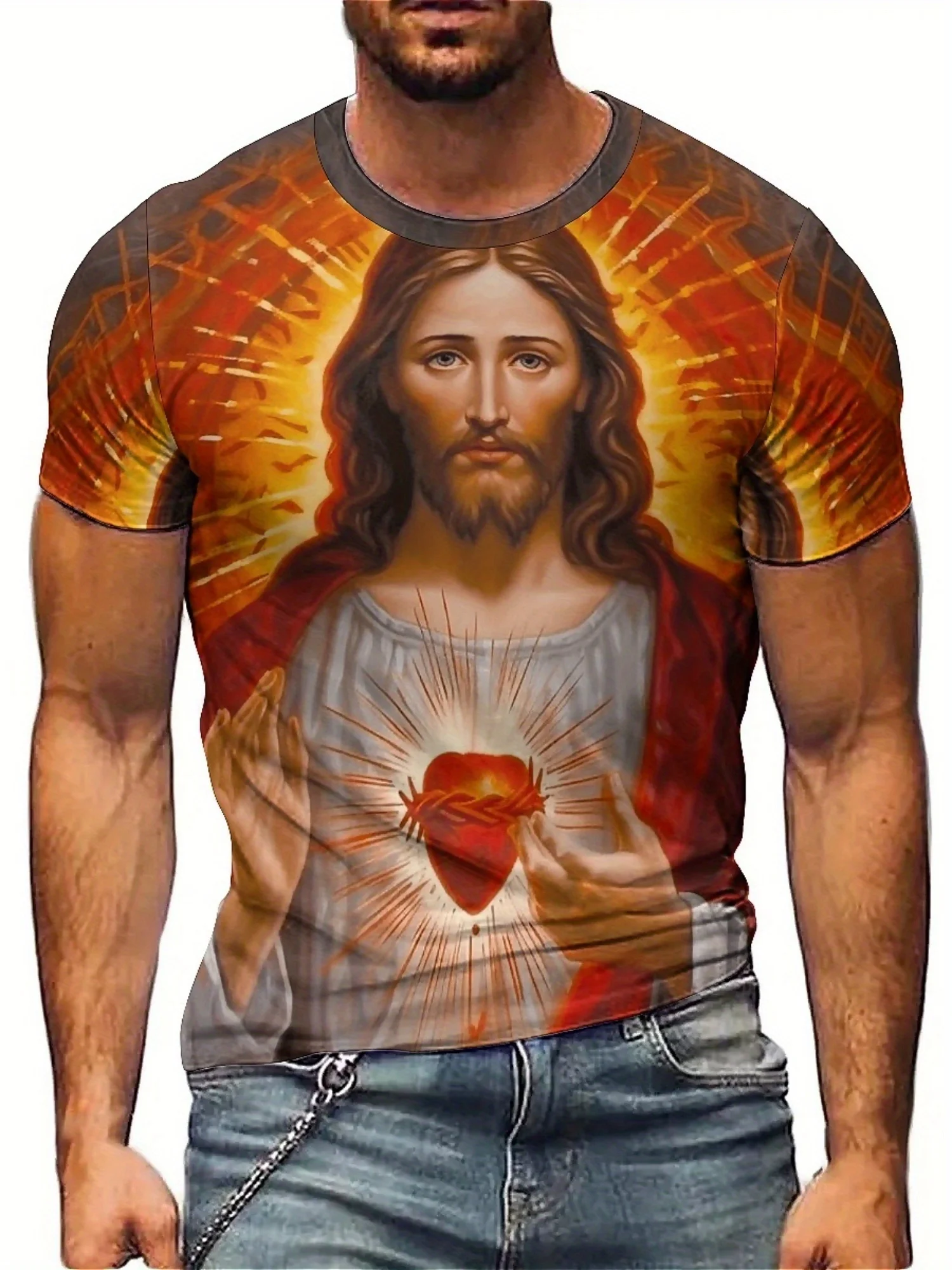 

Men'S "Jesus" Graphic T-Shirt - 3D Print, Short Sleeve, Polyester, Comfortable & Durable, All-Season Wear,