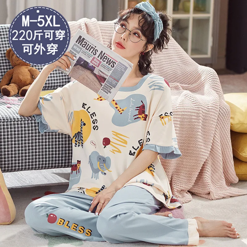 New Sleepwear Cartoon Cotton Pajamas for Women Long Pants Short Sleeved Summer Spring Loungewear Fashion Home Clothing Homewear