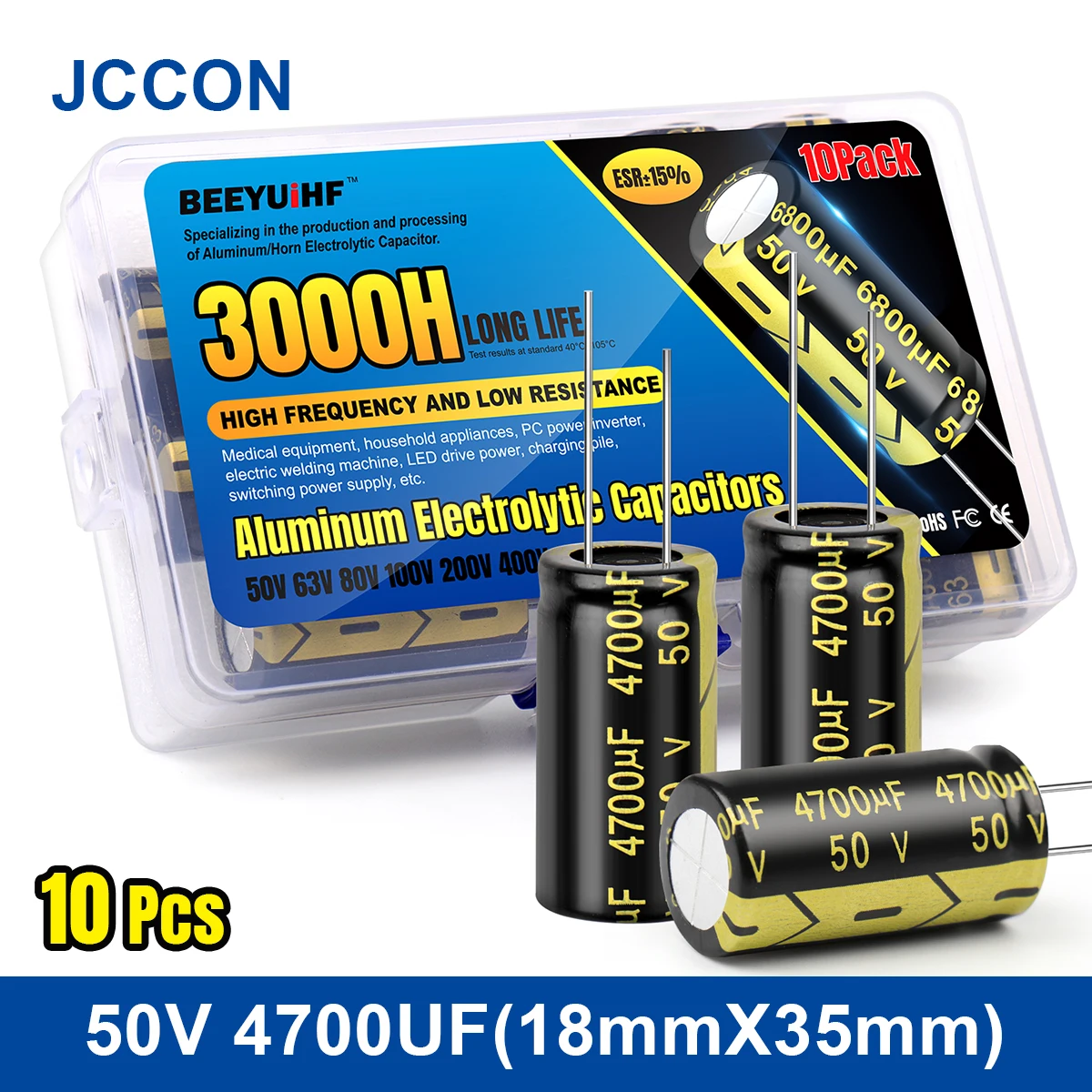 

10Pcs 4700UF JCCON Aluminum Electrolytic Capacitor Kit 50V4700UF 18x35 High Frequency Low ESR Capacitors Assortment Box Kits