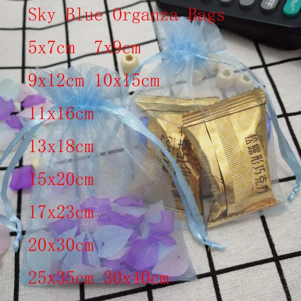 Sky Blue Organza Bags 100pcs/Lot 7x9 9x12 10x15 13x18 15x20 17x23 cm Jewelry Drawstring  Christmas/Wedding/Gift Packing 