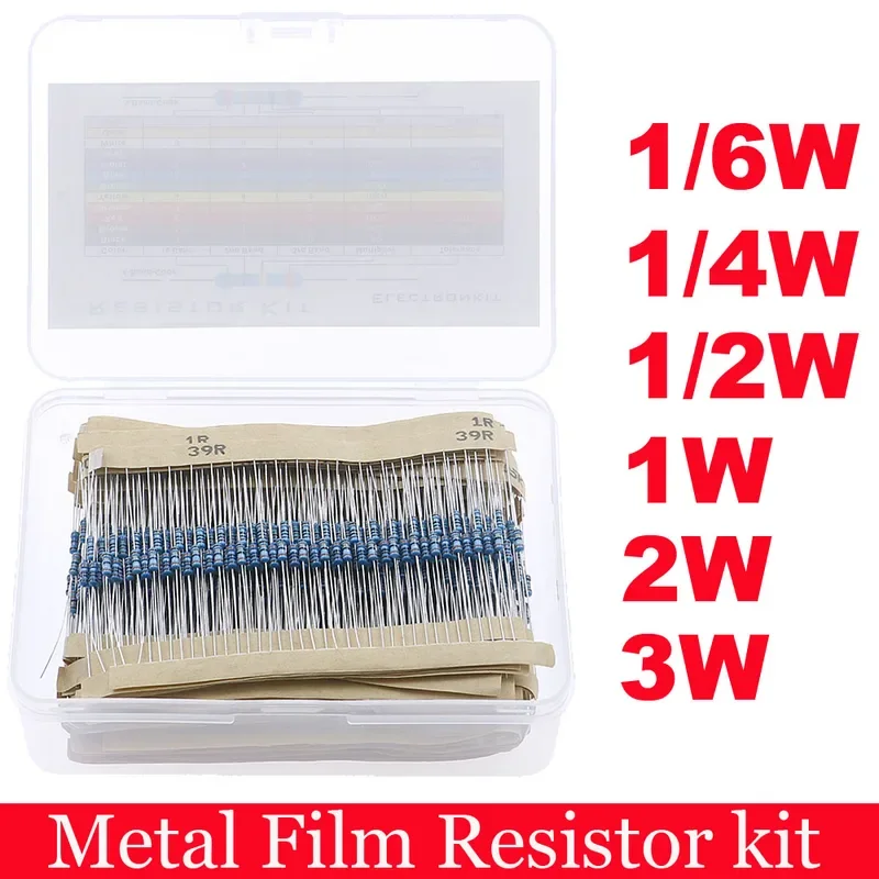 Kit surtido de resistencias de película de Metal, componentes electrónicos de bricolaje, 1/6W, 1/4W, 1/2W, 3W, 0Ω ~ 10MΩ, 1%