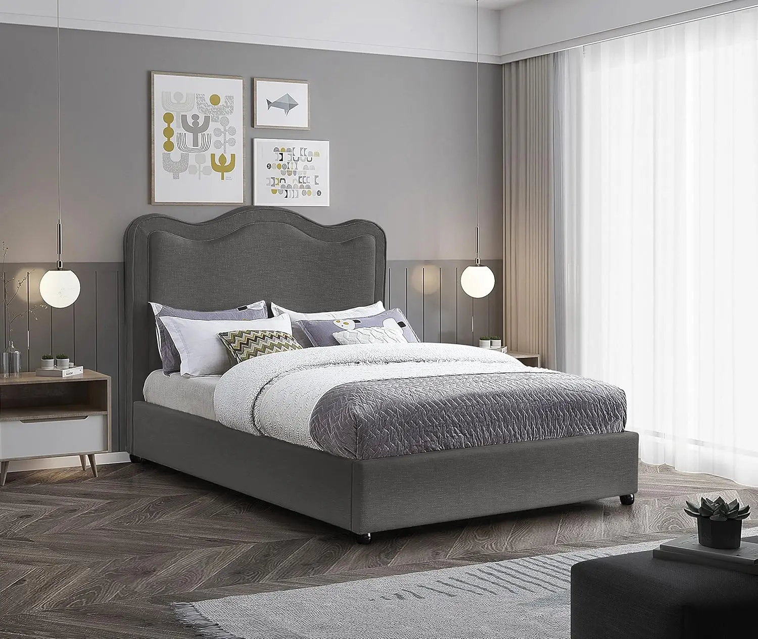 Meridian Furniture Felixgrey-F Felix Collection Modern | Contemporary Linen Textured Fabric Upholstered Bed With Curved