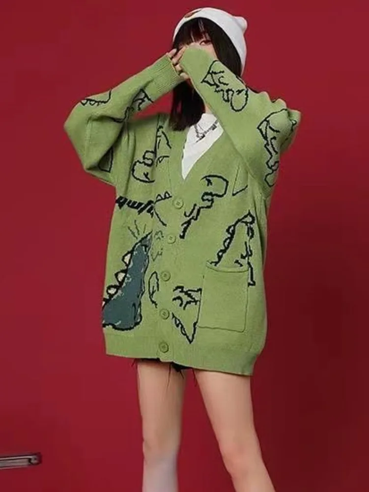 Oversize V-neck Cartoon Dinosaur Sweater Cardigan Coat Women Men Autumn Winter Loose Lazy Style Outerwear Baggy Vintage Knitwear