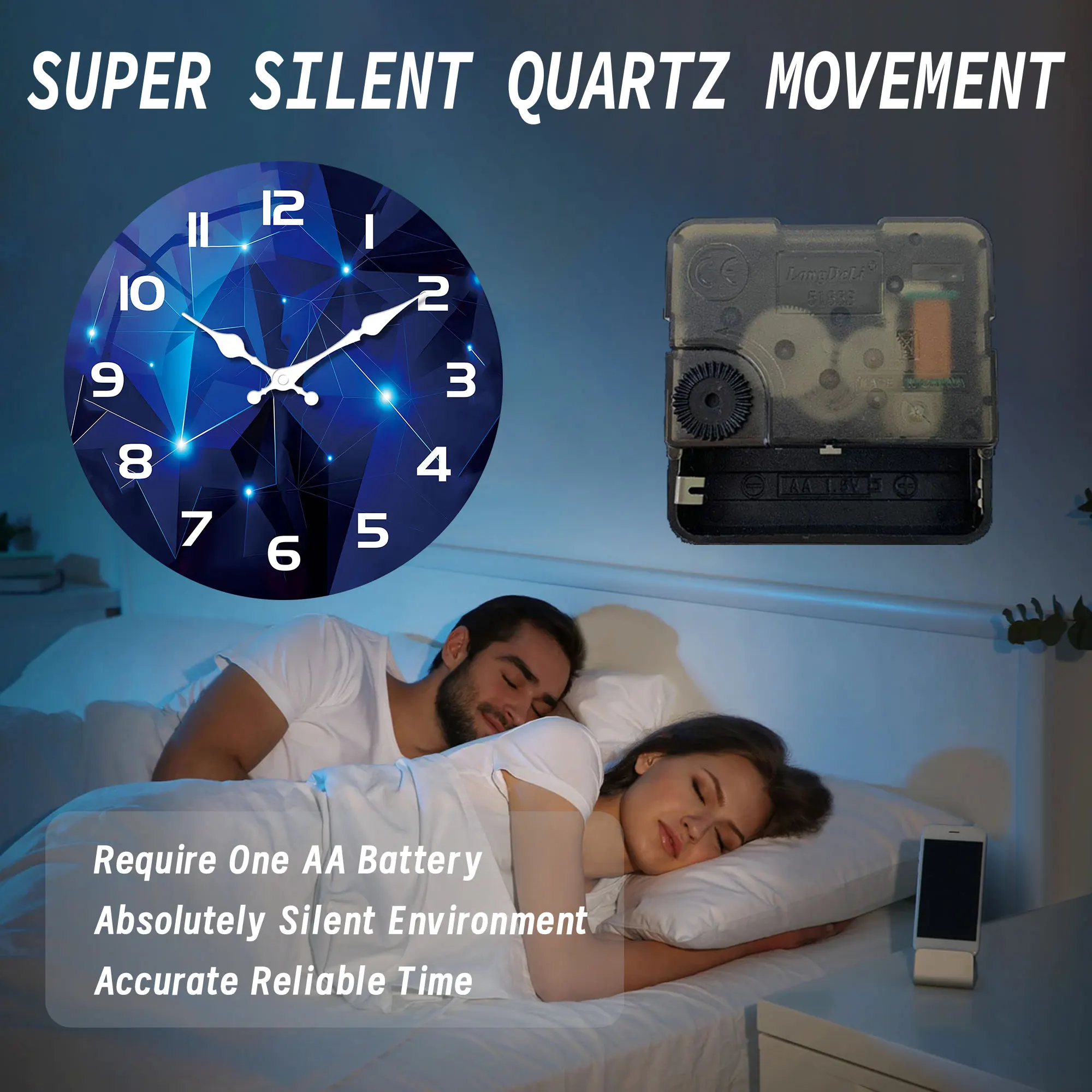 ساعة حائط خشبية قطعة واحدة، عناصر هندسية - ساعة حائط بتصميم خيال أزرق داكن، ساعة كوارتز صامتة، لغرفة المعيشة وغرفة النوم،