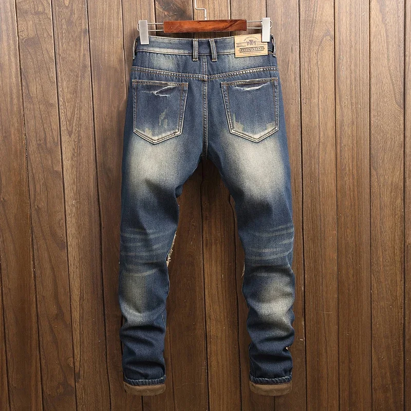 Winter New Distressed and Plush Jeans for Men, Thickened Trendy Brand Embroidered Patch Warm Pants