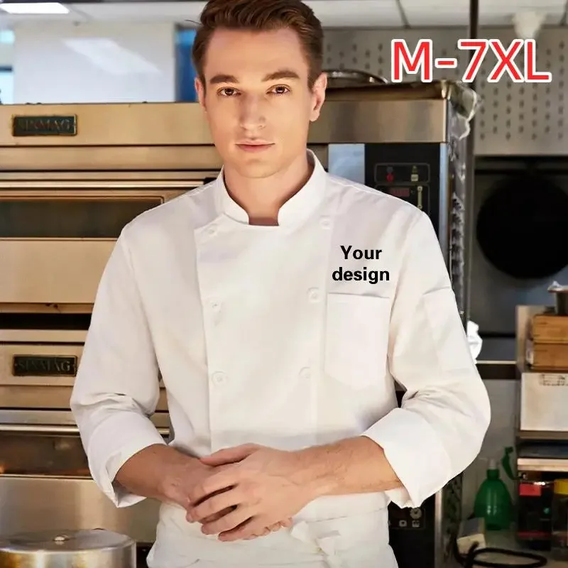 

Куртка шеф-повара на заказ, униформа, рубашка с принтом логотипа, персонализированная мужская кухонная рабочая одежда с длинным рукавом, пальто для повара, большие размеры 6XL, 7XL