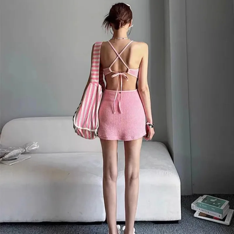 South Korea Ins Sweet Open Back Knitting Skirt One-Piece Swimsuit Female 2024 New Arrival Belly Covering Slim Looking Vacatio