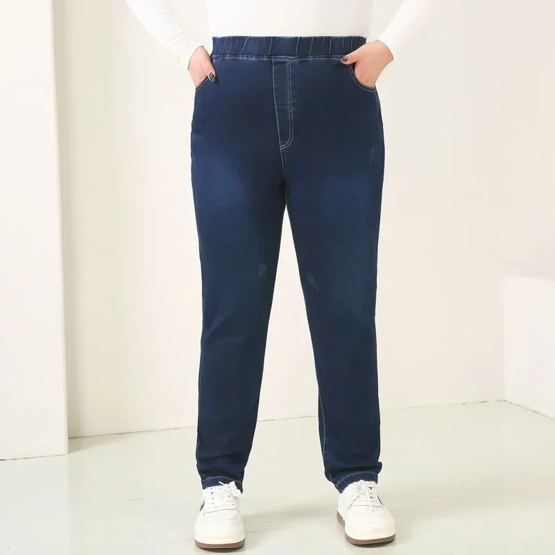 Pensil Jeans wanita elastis pinggang tinggi hitam ukuran besar 8XL 9XL musim semi musim gugur celana Denim 7XL wanita biru tua celana besar