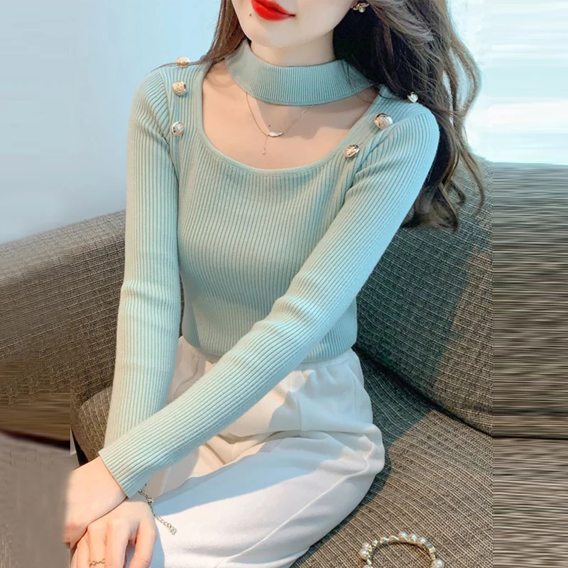 

New Women Korean Fashion Sexy Halter Sweet Chic Basic Knitted Sweater Autumn Winter Elegant Solid Long Sleeve Slim Pullover Tops